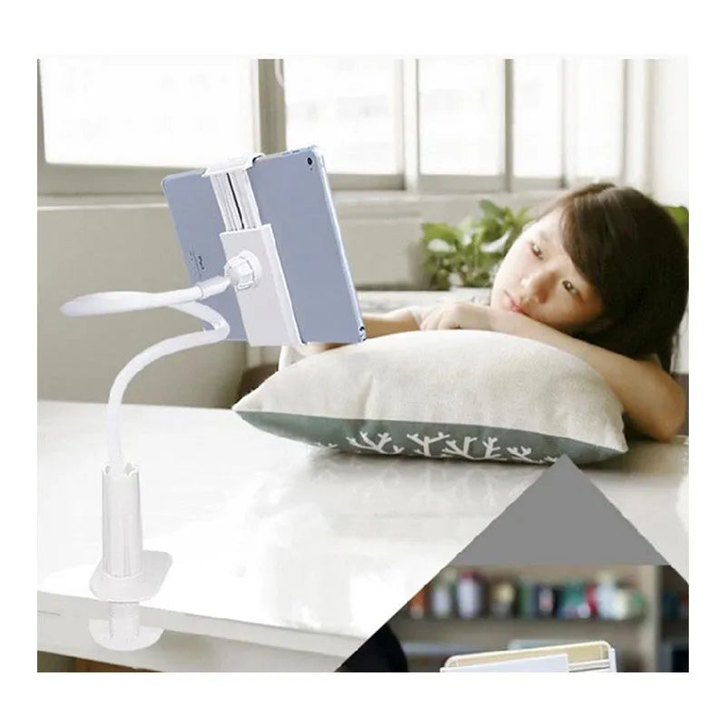 Black flexible mount holder with suction base holding a tablet at adjustable angle