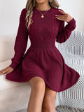 Black lantern sleeve sweater dress with elastic waist and artificial fur texture