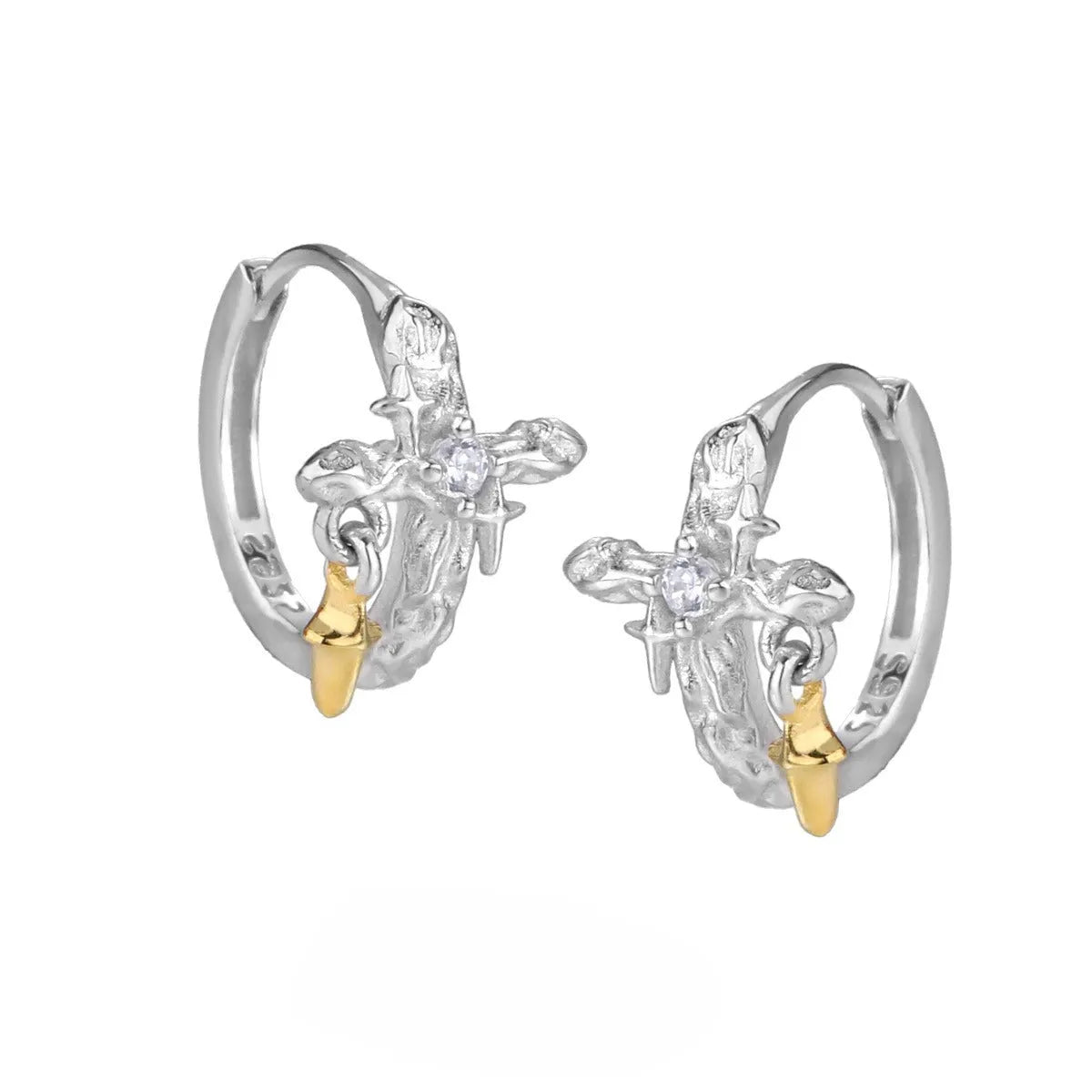 925 sterling silver cross earrings with geometric shape and white gold colour electroplated finish
