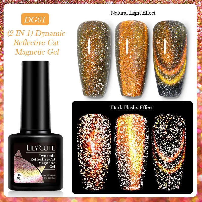 Cat eye series nail polish gel bottles showing diamond glitter and fragment designs in six colour options