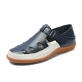 Plus size women's flat sandals with toe cap and hollow breathable design in blue, red, or white.