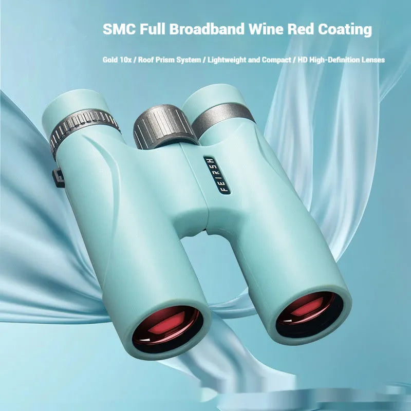 Wine red and grey 10x32 compact plastic binoculars showing eyepieces and objective lenses