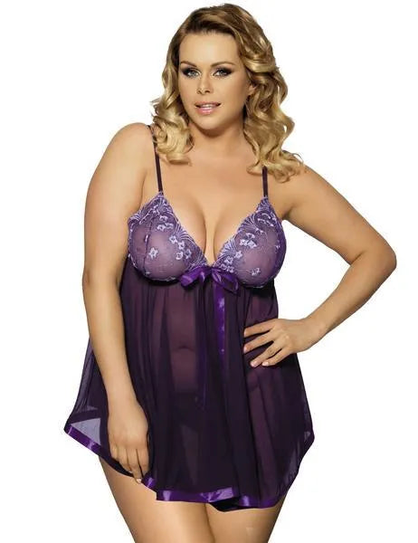 Women's purple mesh sleepdress with lace detailing in sling dress style on hanger