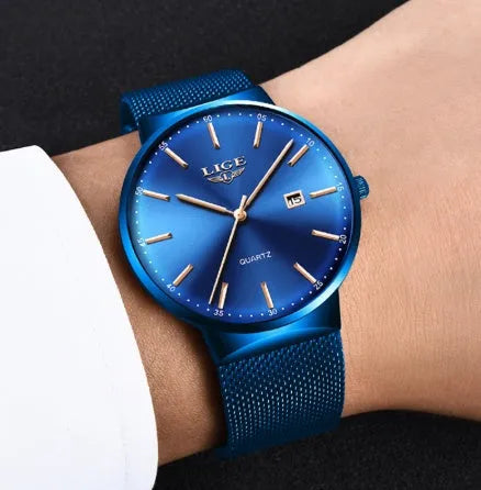 Men's stainless steel wristwatch with 40mm dial, shown in black, blue, and black blue colour options