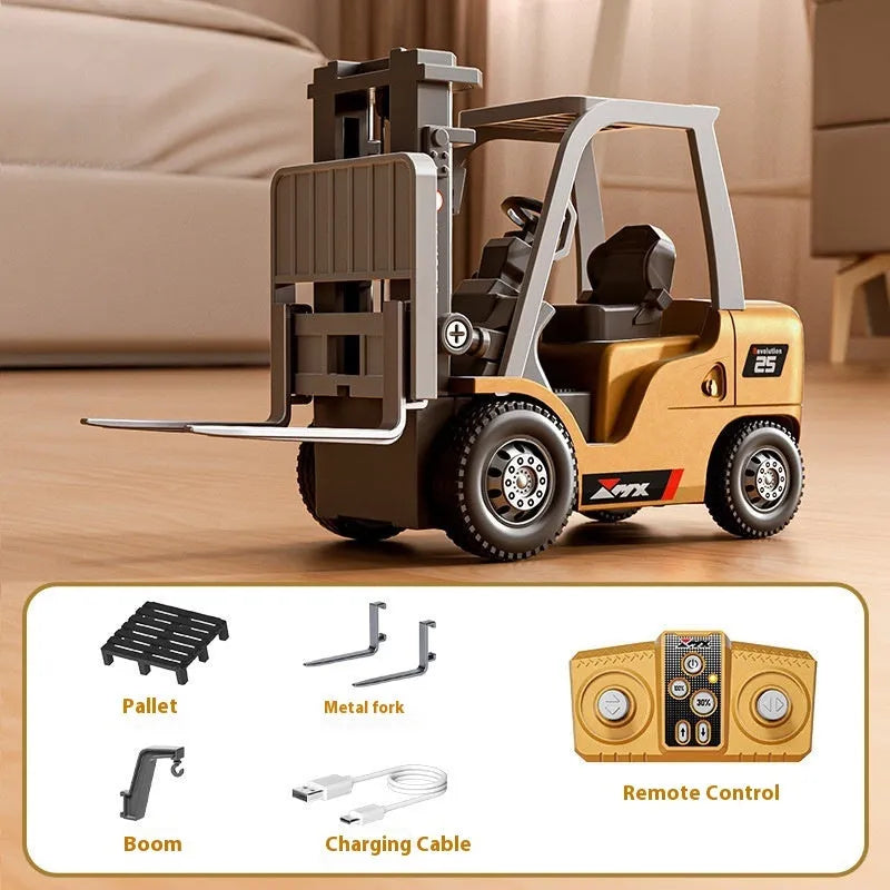 Bluetooth mini alloy forklift remote control toy with cargo hook and fork attachments on pallet