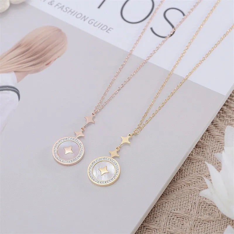 Gold titanium steel hexagonal star necklace for women with O-ring chain and adjustable length
