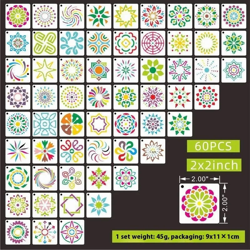 Milky white PET film stencils showing examples of 2-inch flower, animal, and letter designs.