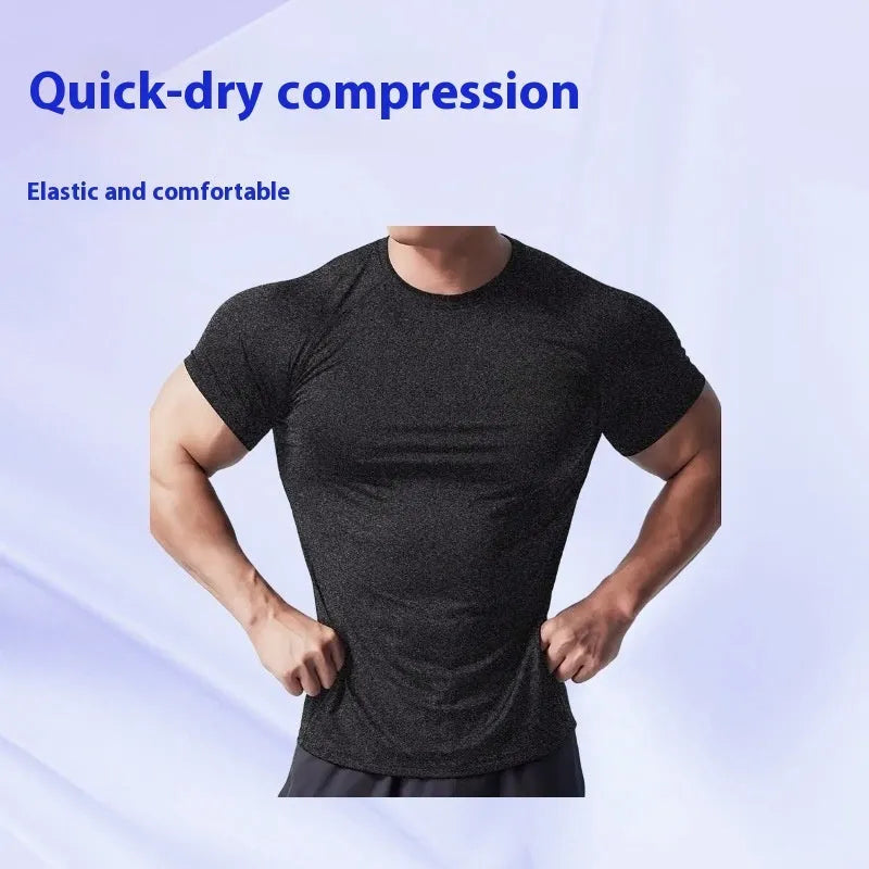 Men's black stretch quick-dry casual short sleeve t-shirt on a hanger.