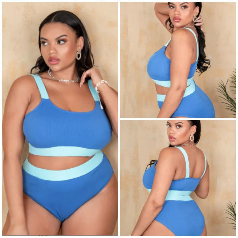 Women's high-waisted bikini set in solid colour with split-front top