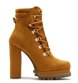 Women's suede high heel boots in army green with 8cm thick heels and round toe