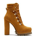 Women's suede high heel boots in army green with 8cm thick heels and round toe