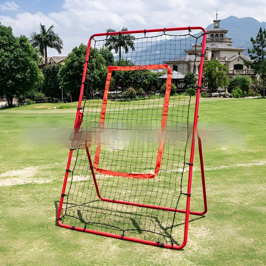 Red 4x6ft baseball training net with metal frame shown in portable folded position