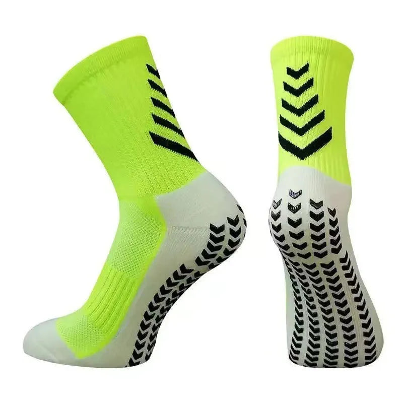 Men's mid-calf athletic socks with geometric patterns and non-slip silicone grip for football and running