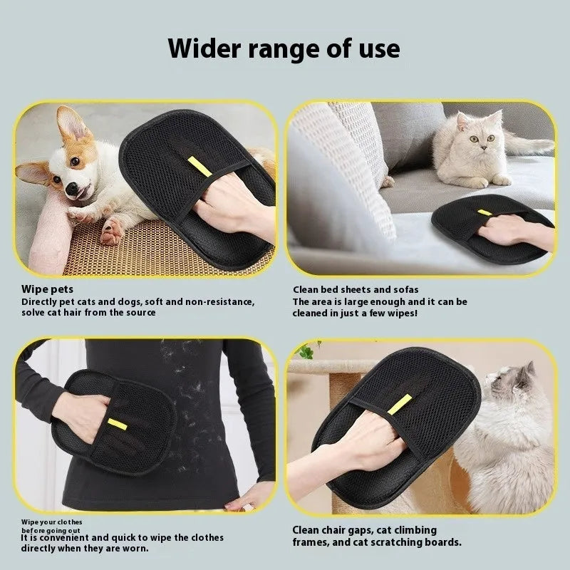 Black pet grooming glove with silicone bristles for removing hair from dogs cats rabbits