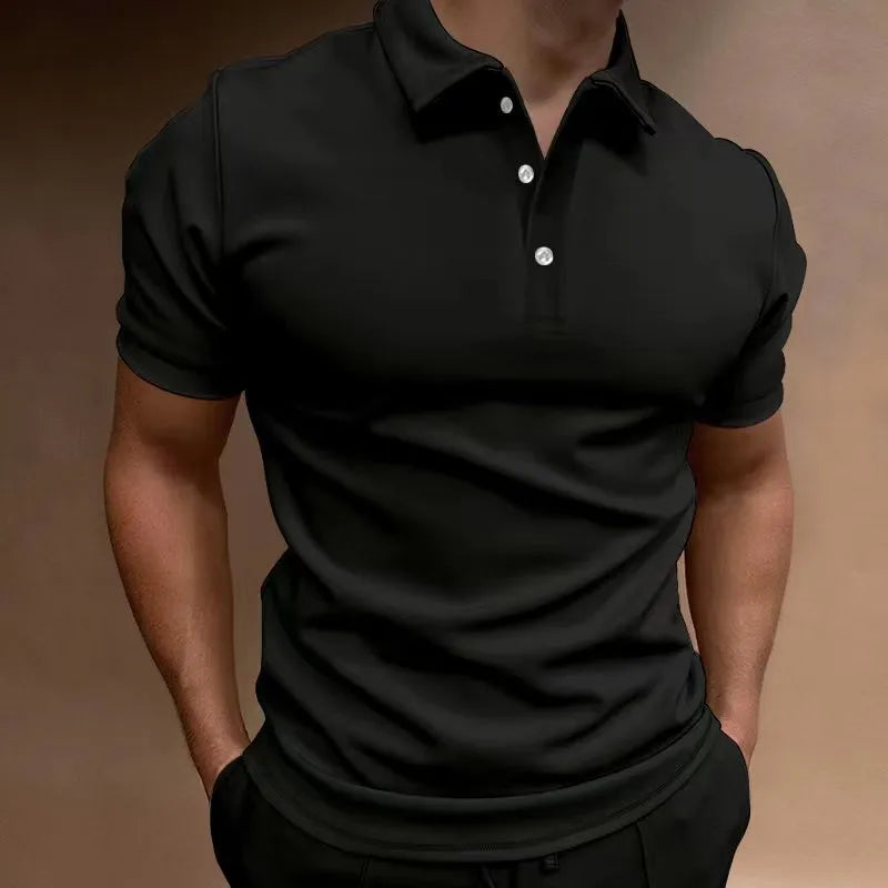 Men's grey loose fit button-down short sleeve t-shirt on a hanger.