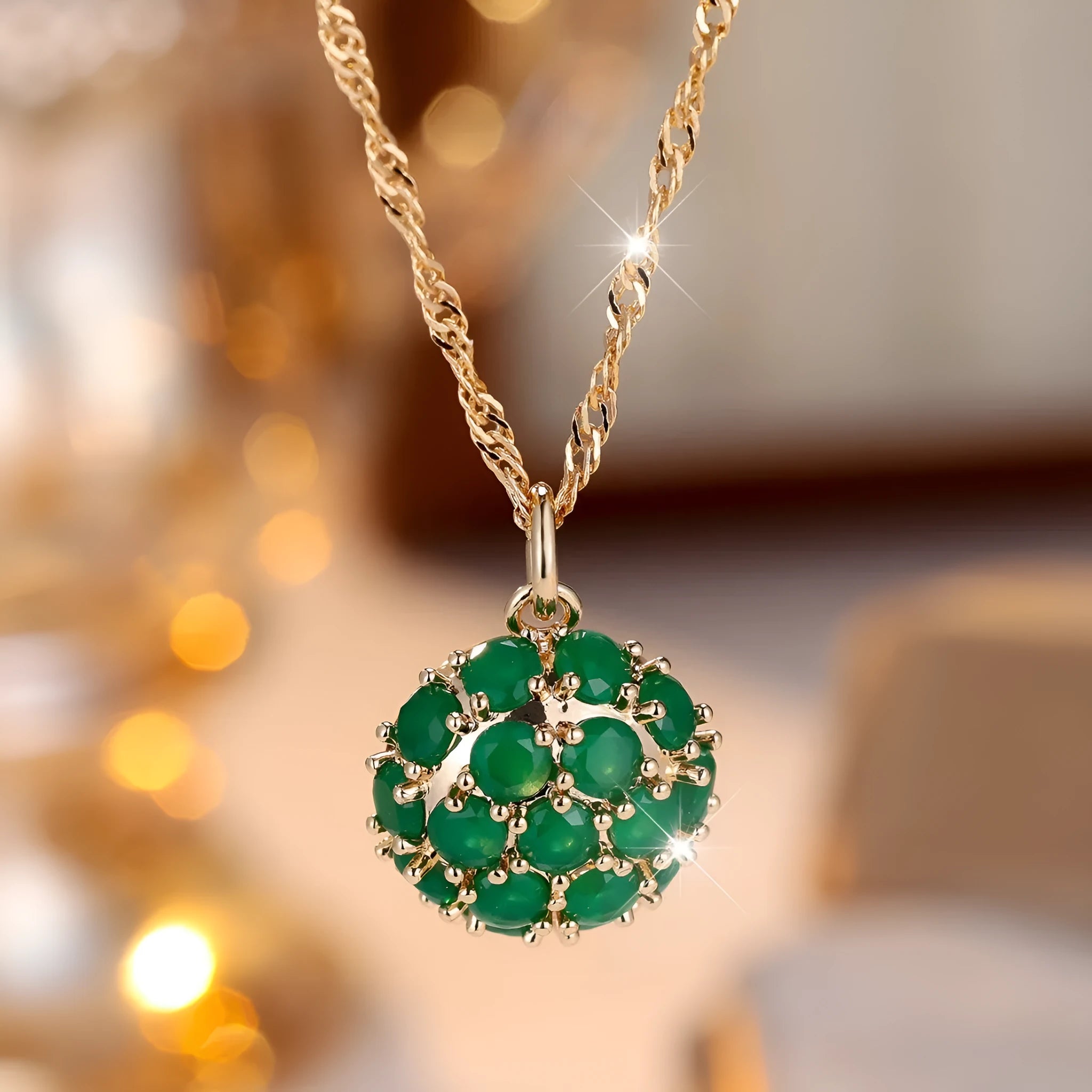 Golden green emerald diamond pendant necklace with adjustable 51-60cm chain in champagne gold colour