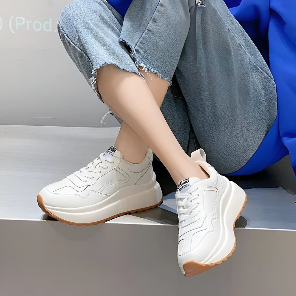 Beige women's cattlehide leather casual sports shoes with cross strap and English muffin heel