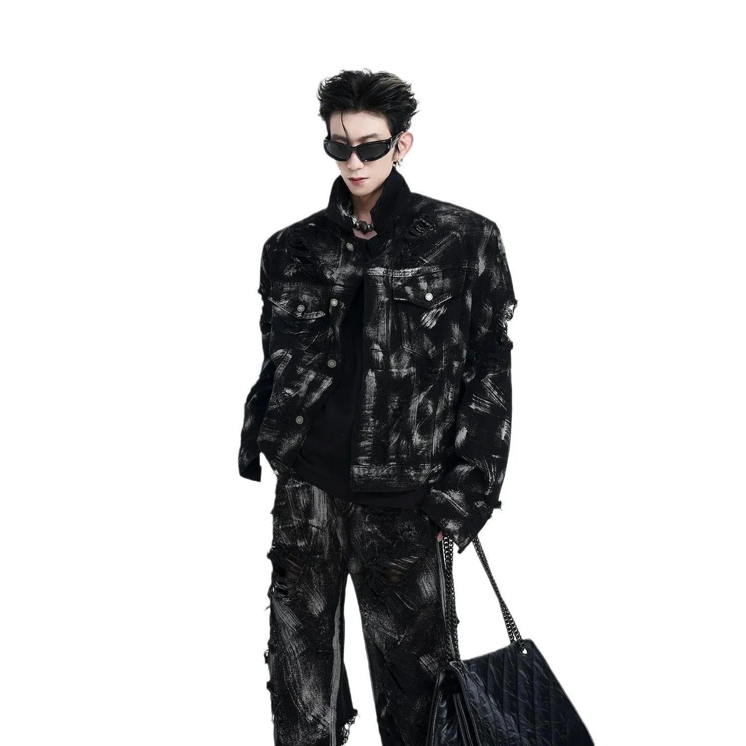 Men's heavyweight washed denim trousers in American wasteland style with graffiti details on a mid waist cut.
