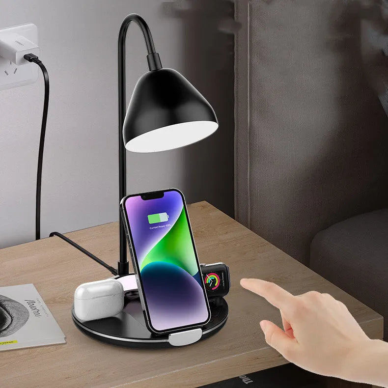 Black and white magnetic folding wireless charger with USB connection measuring 168.3x168x320mm