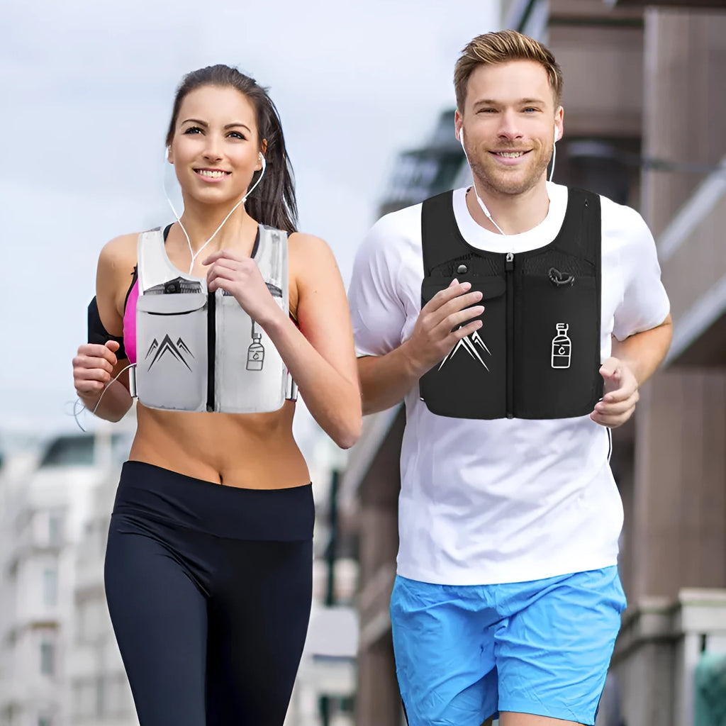 Sports running vest with integrated phone pocket in breathable mesh fabric