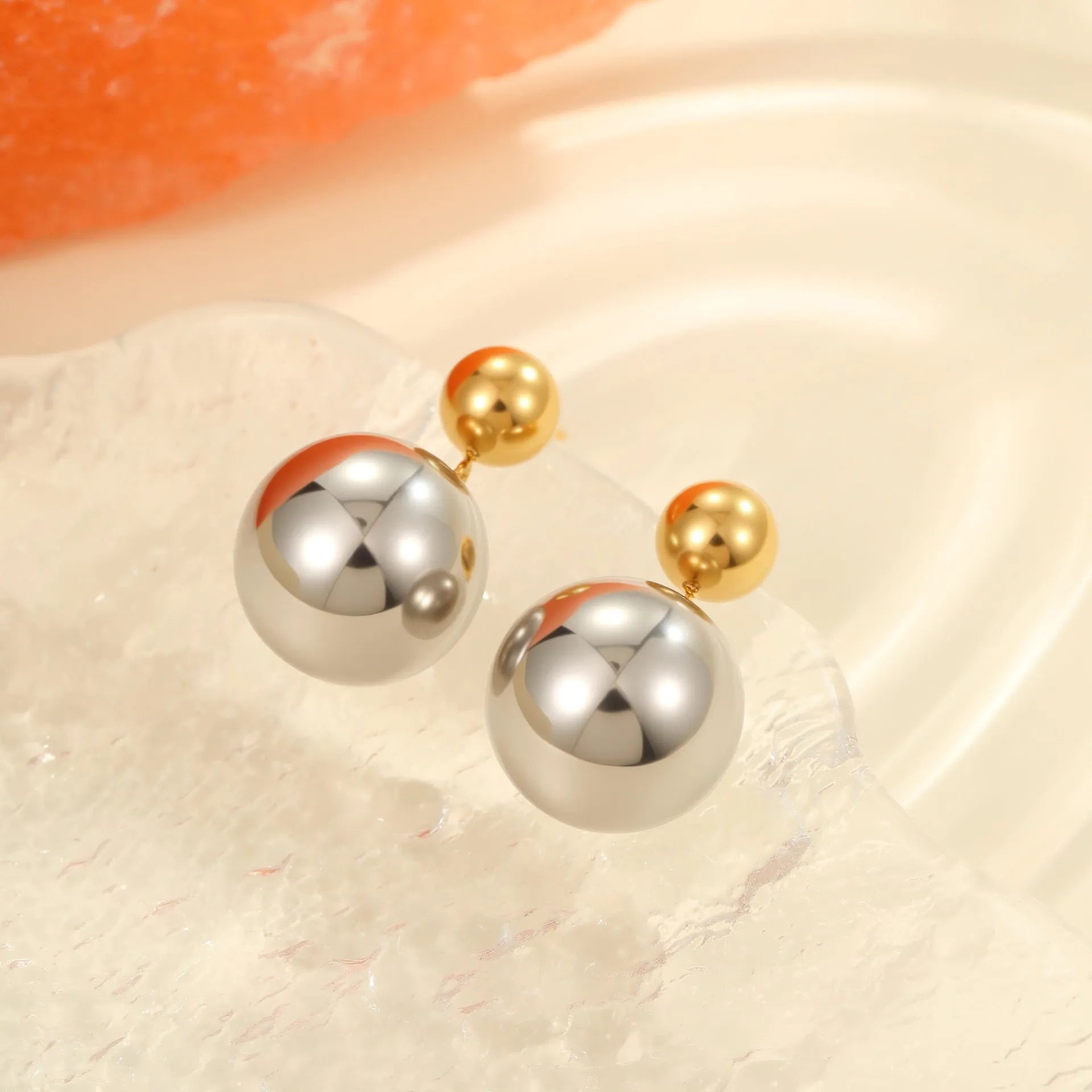 Round beads stainless steel colour-block ear studs with 18K gold electroplating
