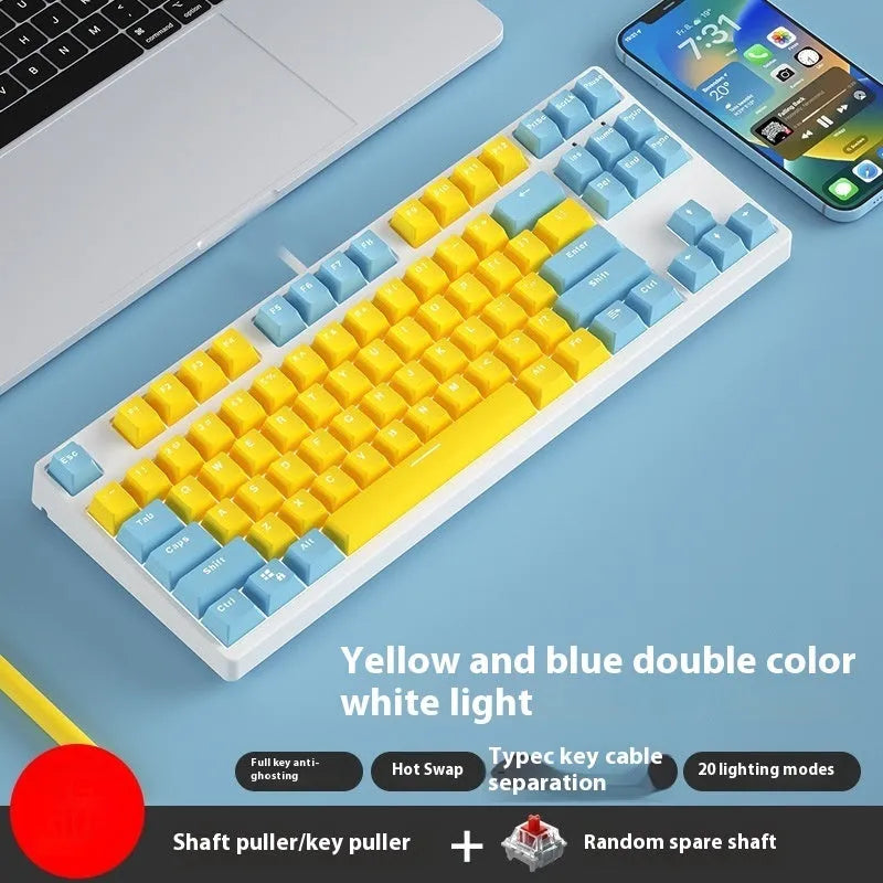 87-key wired mechanical keyboard with hot-swappable sockets showing colour options and included accessories