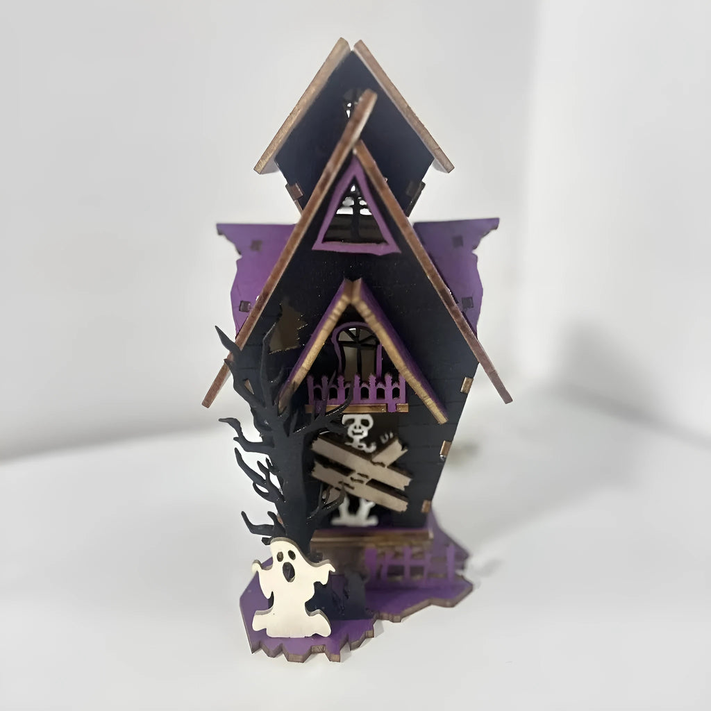 Wooden DIY glowing haunted house Halloween table decoration with candlestick holder function