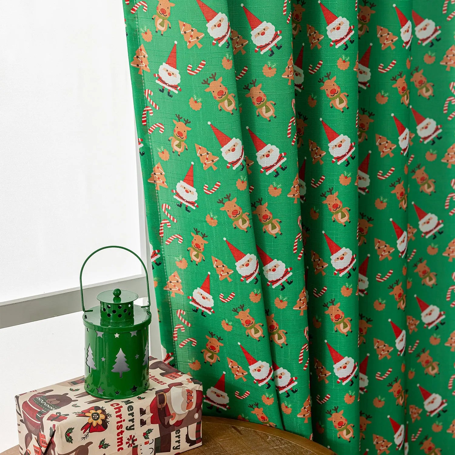 Christmas curtain with cartoon snowman and angel print in red colour