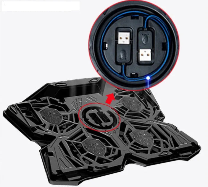 Blue computer cooling base with four LED fans and USB ports for desktop temperature management