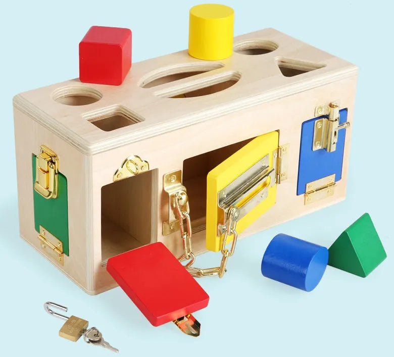 Wooden shape sorting lock box educational toy for preschool children with colourful shapes