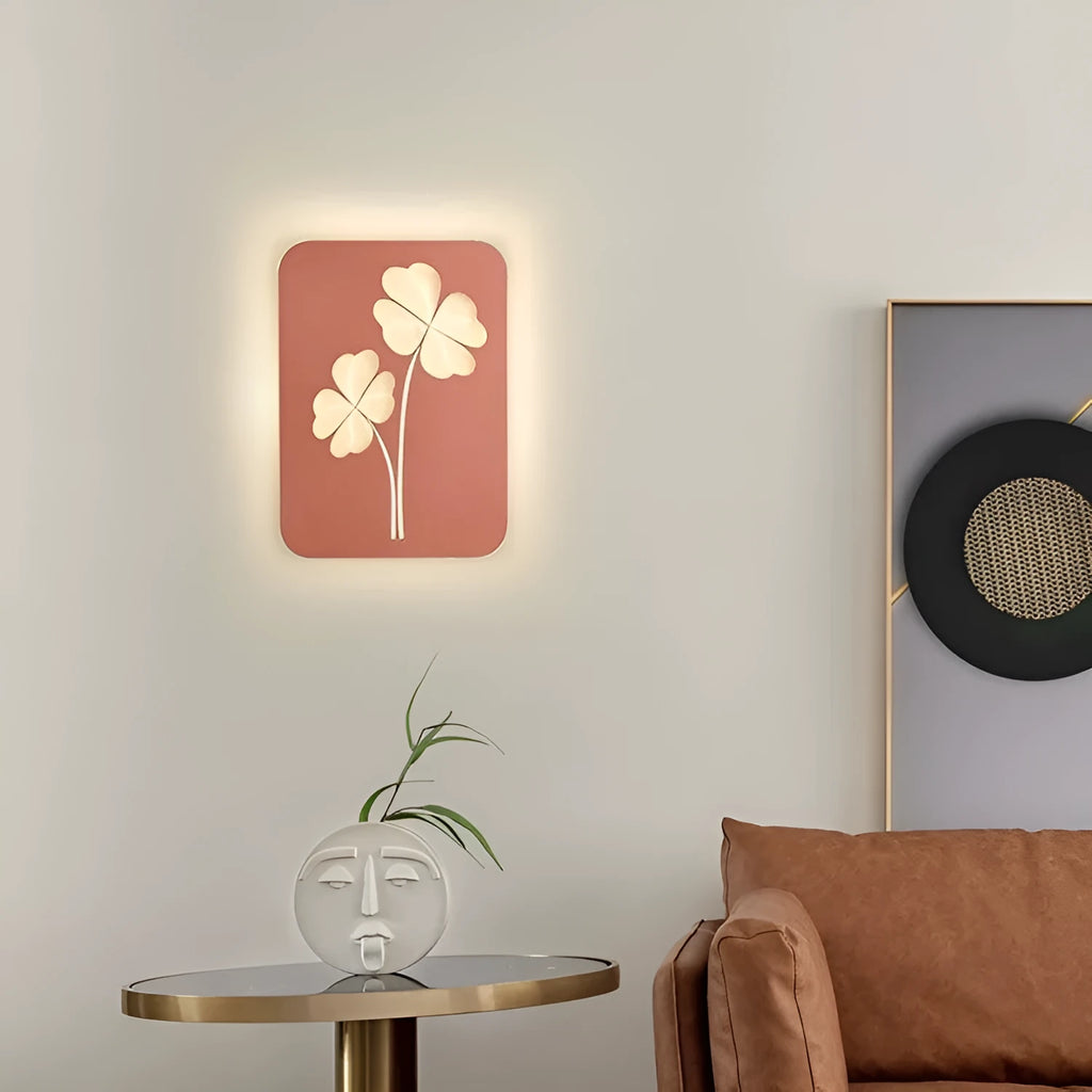 Modern wall lamp with iron base and acrylic shade in pink love heart or white square ginkgo leaf design for bedroom lighting