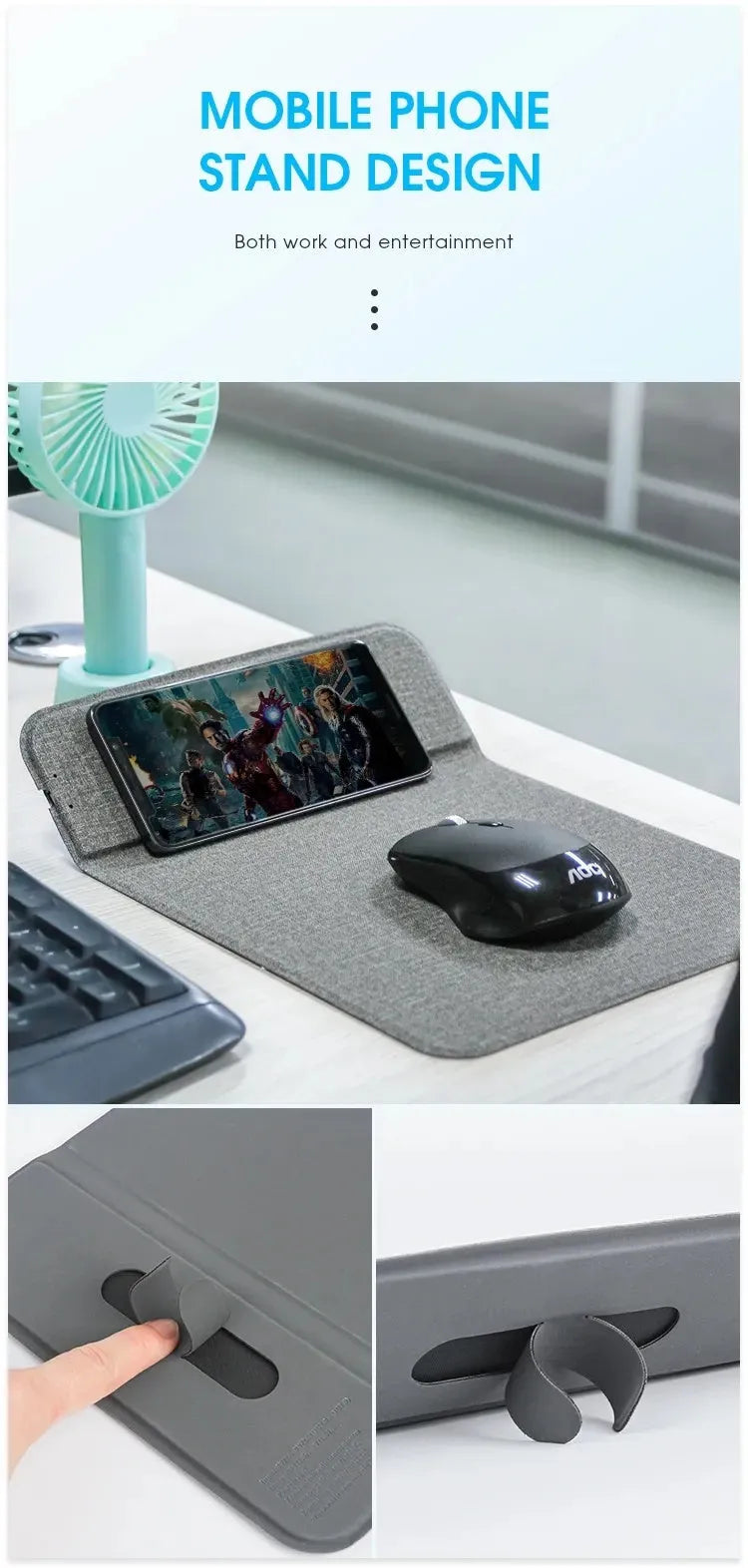Foldable cloth phone stand open, showing wireless charging of a smartphone at an angle