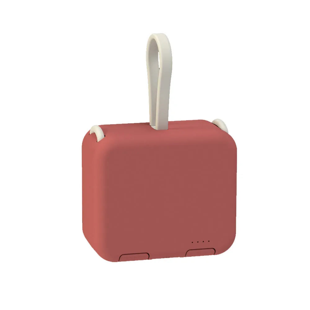 Handbag back clip power bank in blue, showing clip, phone stand function, and Type-C/Lightning ports.