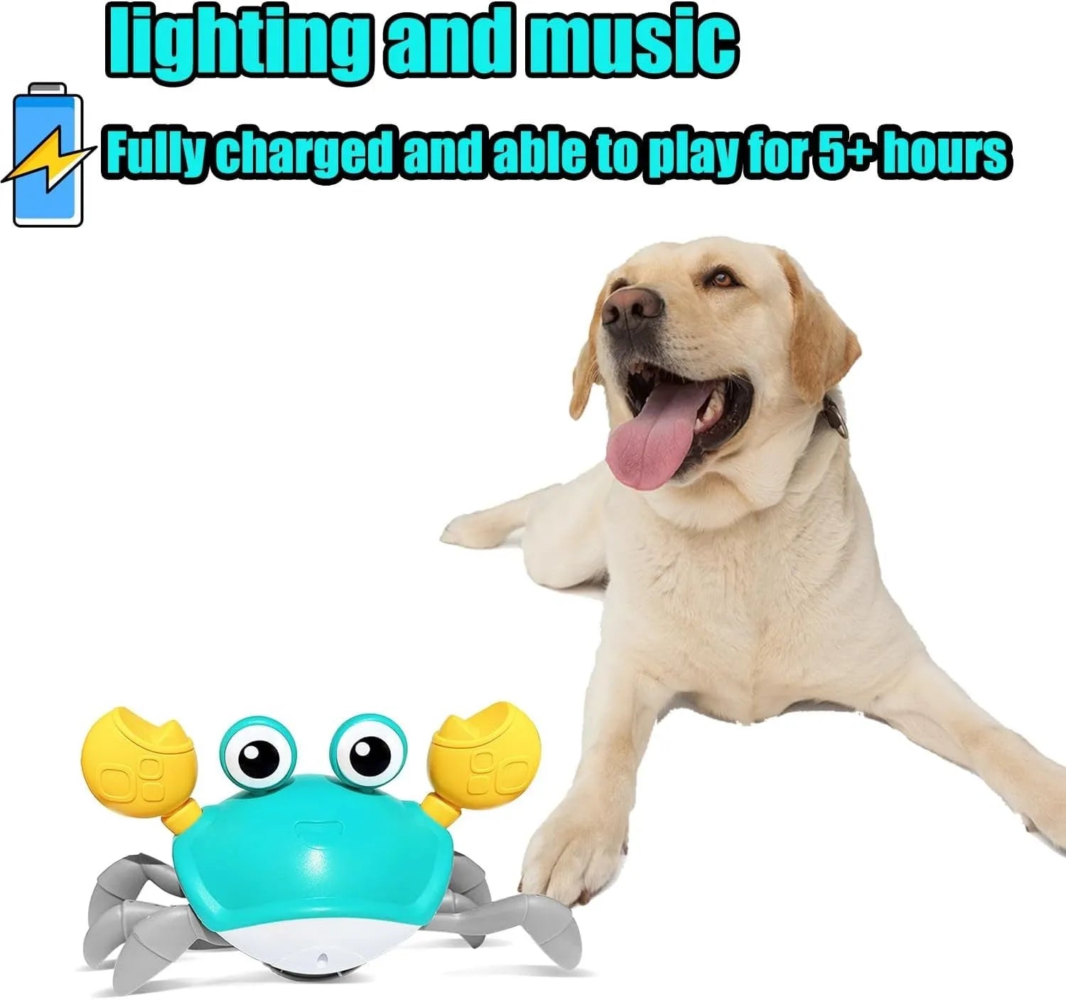 Red or blue electronic crawling crab dog toy with lights on a floor.