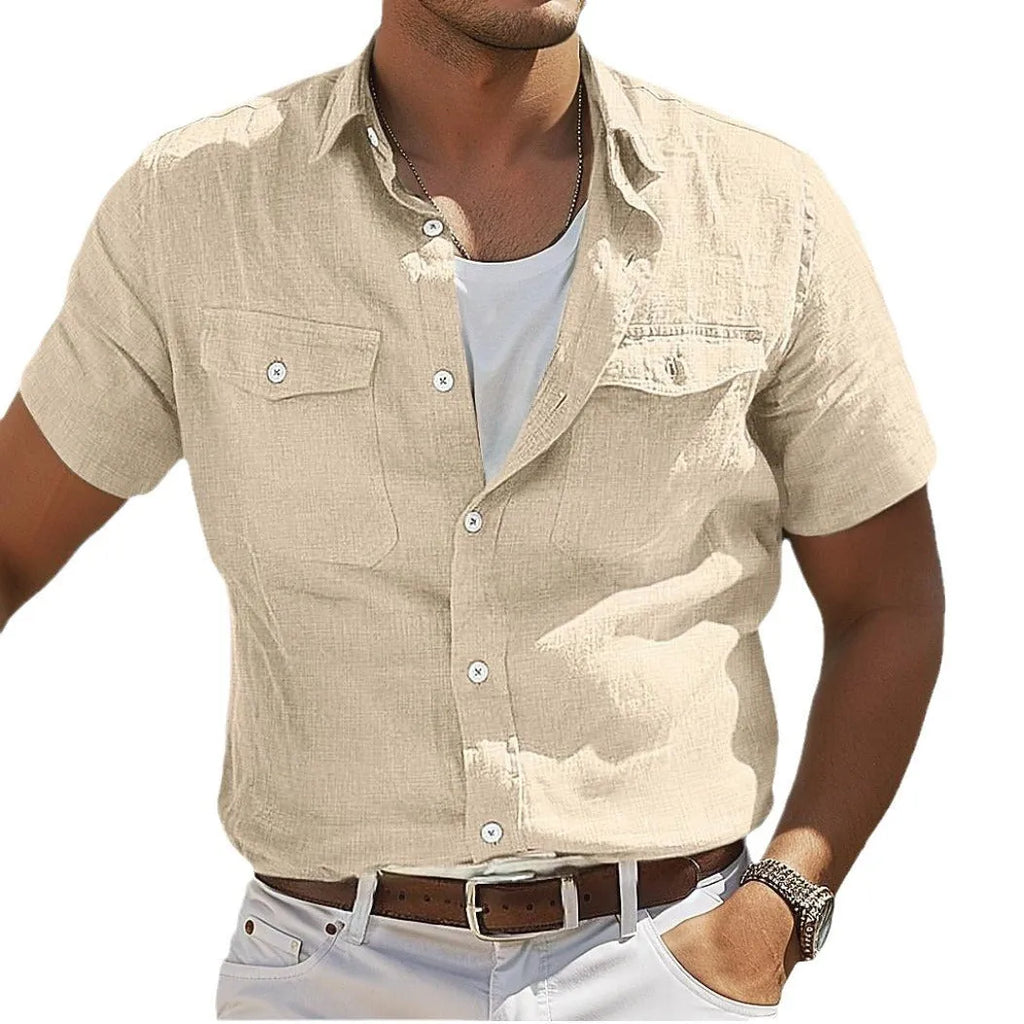 Men's linen summer shirt with polo collar in cotton fabric, shown in solid colour options