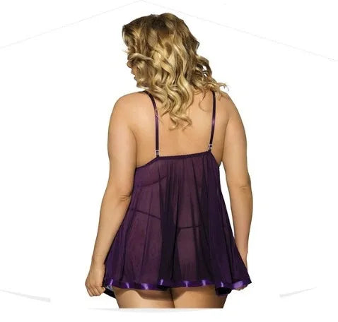 Women's purple mesh sleepdress with lace detailing in sling dress style on hanger