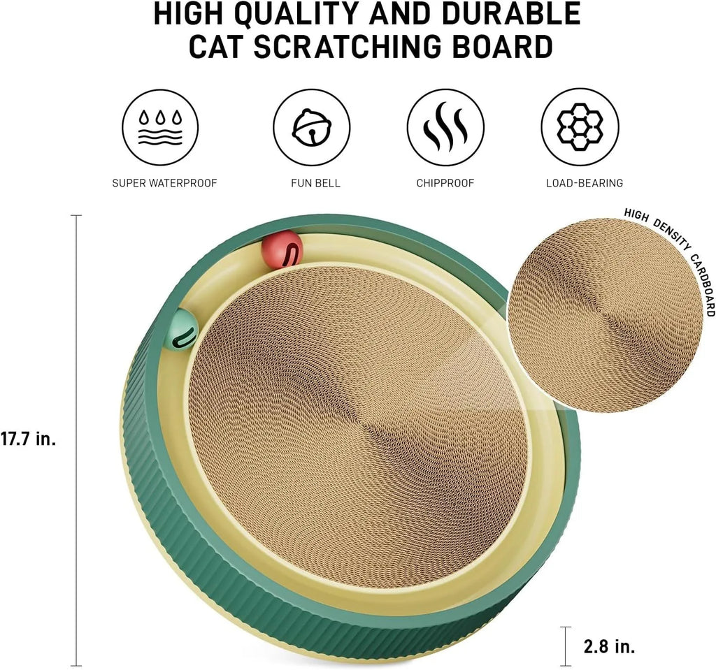 Large circular cat scratching board with ball toys measuring 45cm in diameter