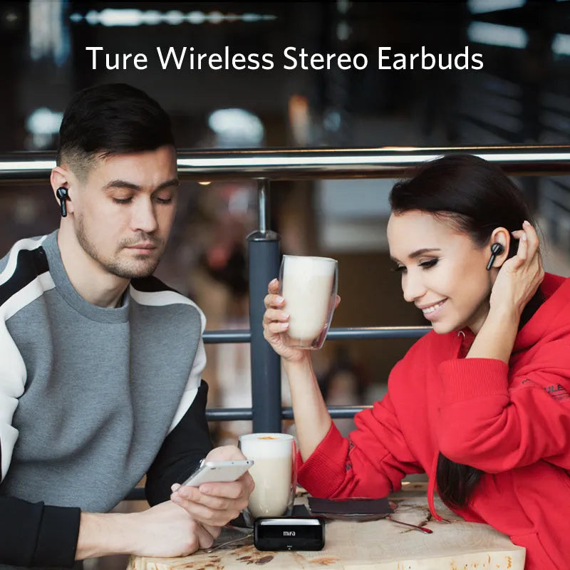 Black and white True Wireless Stereo Bluetooth 5.0 earbuds with IPX5 waterproof rating.