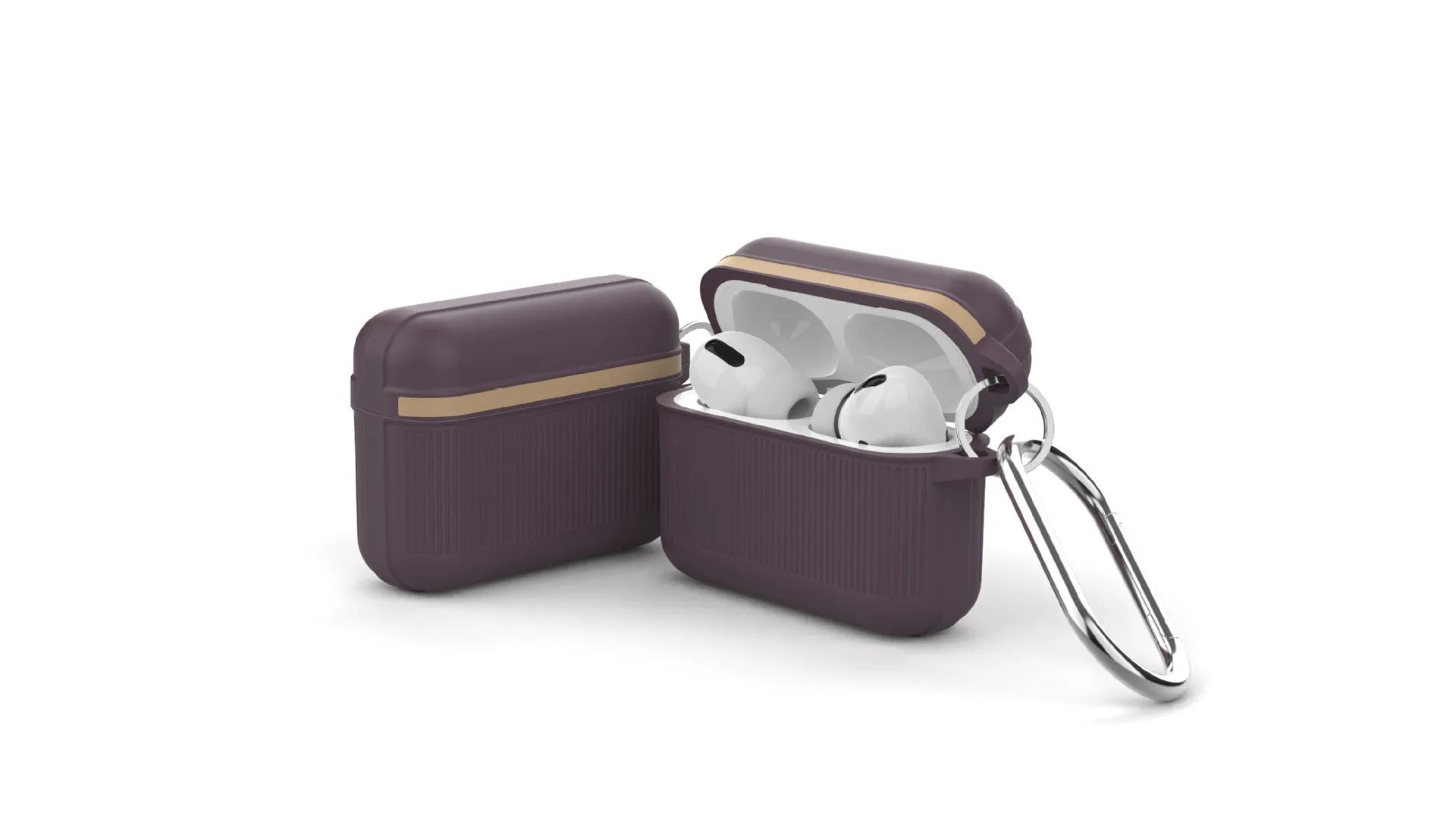 Silicone protective case for Apple AirPods with metal buckle, shown in various solid colours.
