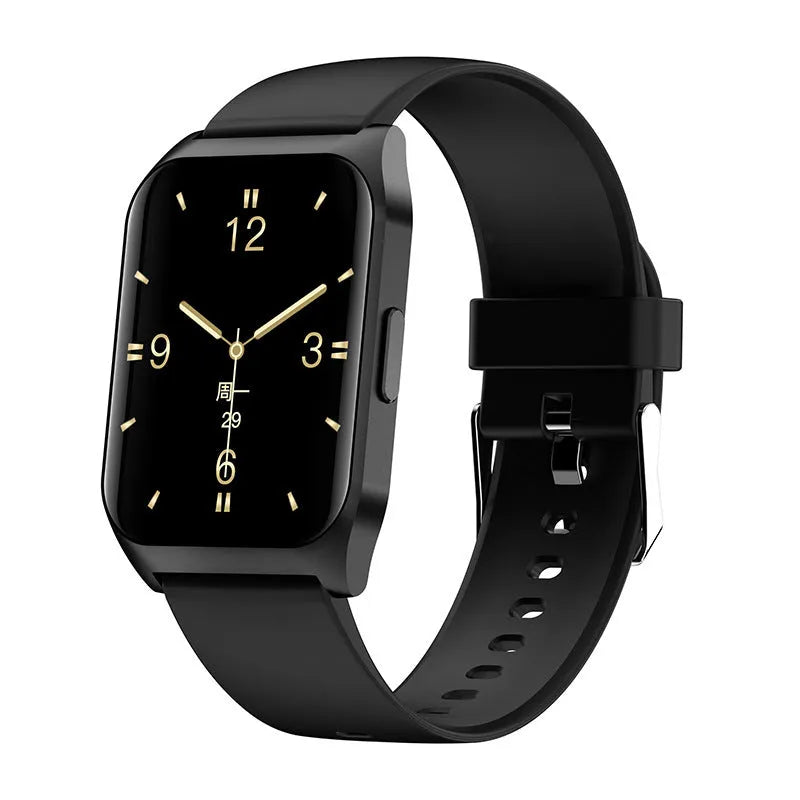 Black or silver smartwatch with 1.69-inch screen and silicone strap for Bluetooth calls and music.