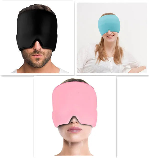 Black adjustable cold compress gel eye mask for headache relief on a plain background.