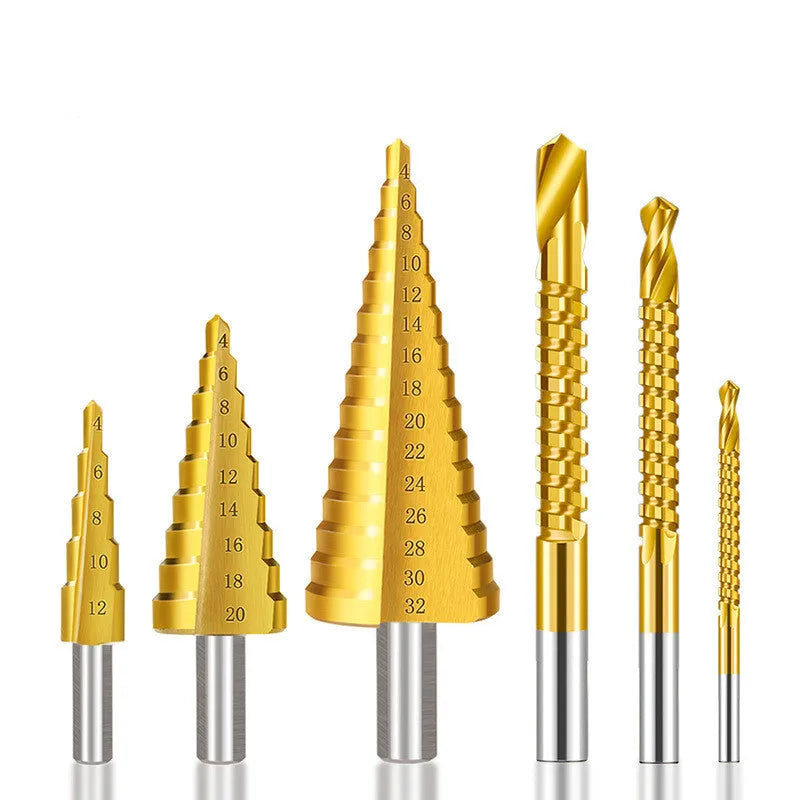 High speed steel cone drill bits and a centre punch arranged in a set, showing colour-coded handles.