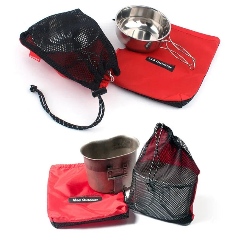 Red 5-piece outdoor travel storage bag set made of 200D Oxford cloth with mesh panels and zippers