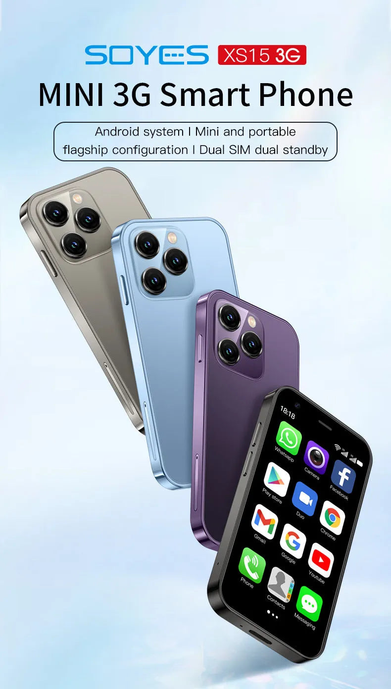 Mini smartphone with 30 screen in black, green or pink purple colours showing straight plate design