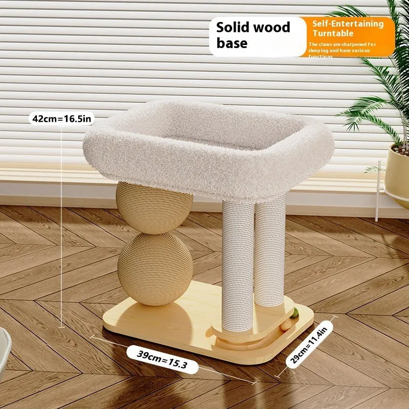 Pine wood cat nest with attached grasping balls in sisal and summer mat style options.