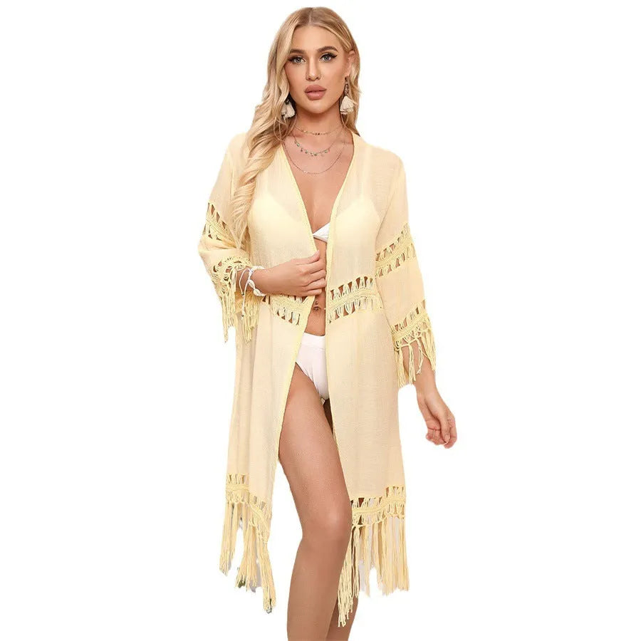 Hand-crocheted acrylic beach cover-up cardigan with tassel trim in water green
