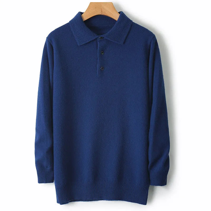 Man wearing a men's grey polo collar wool sweater pullover with long sleeves.