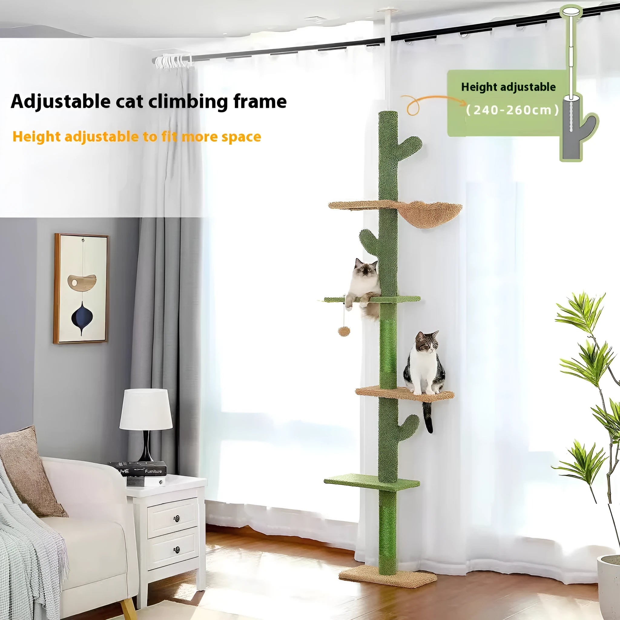 Tall, multi-level cat climbing frame with integrated scratch board and a cactus-shaped cat nest