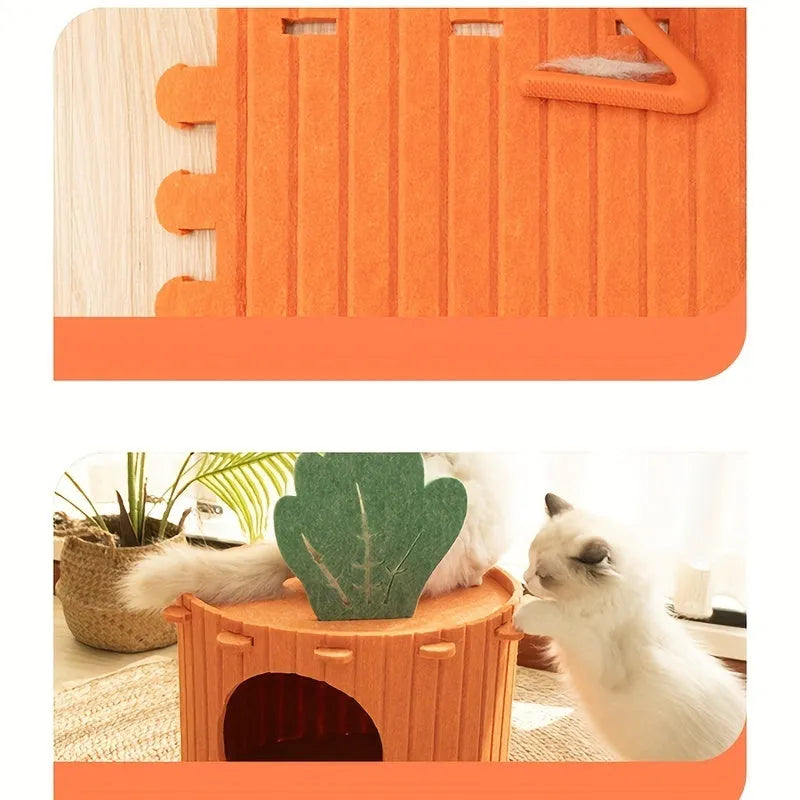 Orange carrot-shaped felt cat nest tunnel bed for cats, shown in semi-enclosed design.
