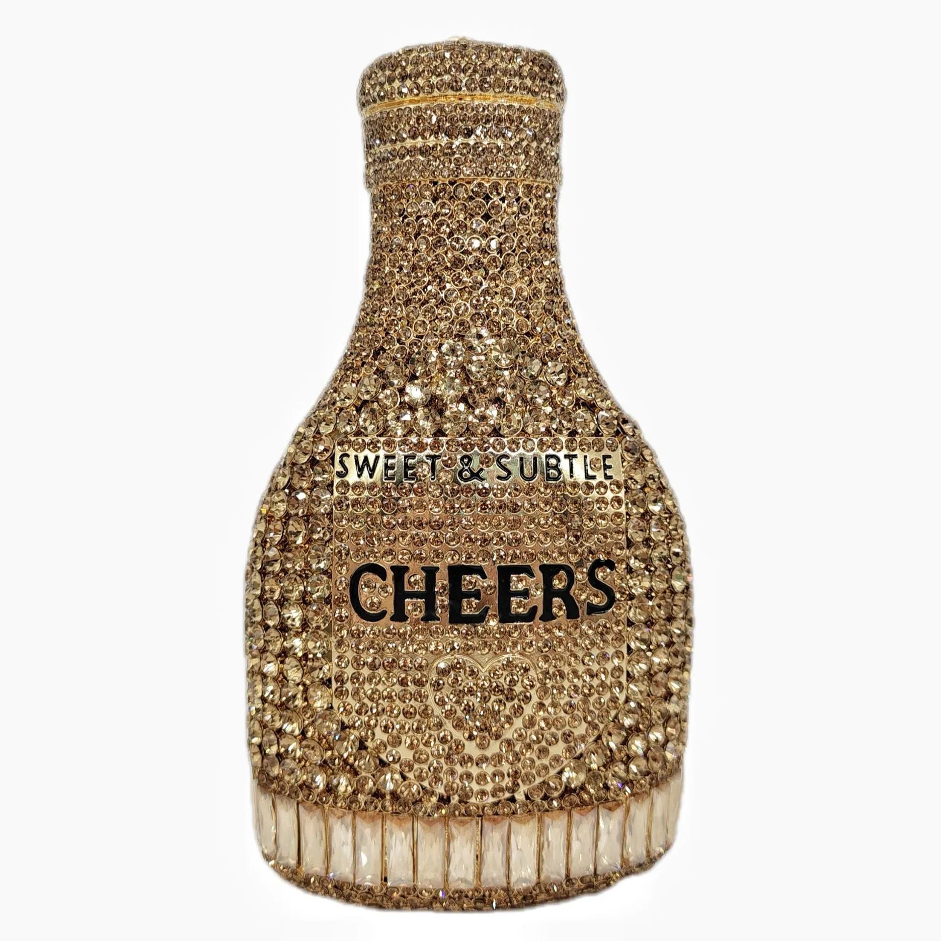 Gold hard shell champagne bottle clutch bag with rhinestones and alloy chain